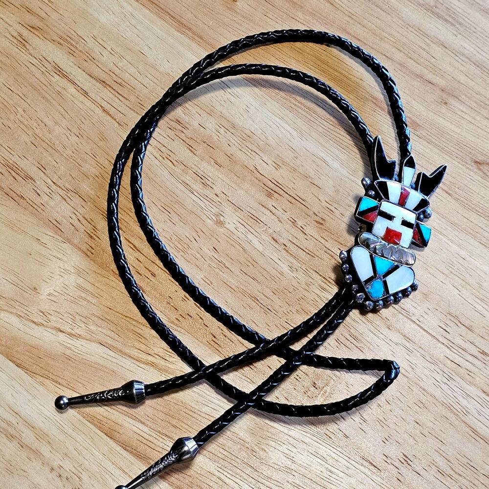 Vintage Bennett Native American Zuni Warrior Antelope Kachina Bolo Tie